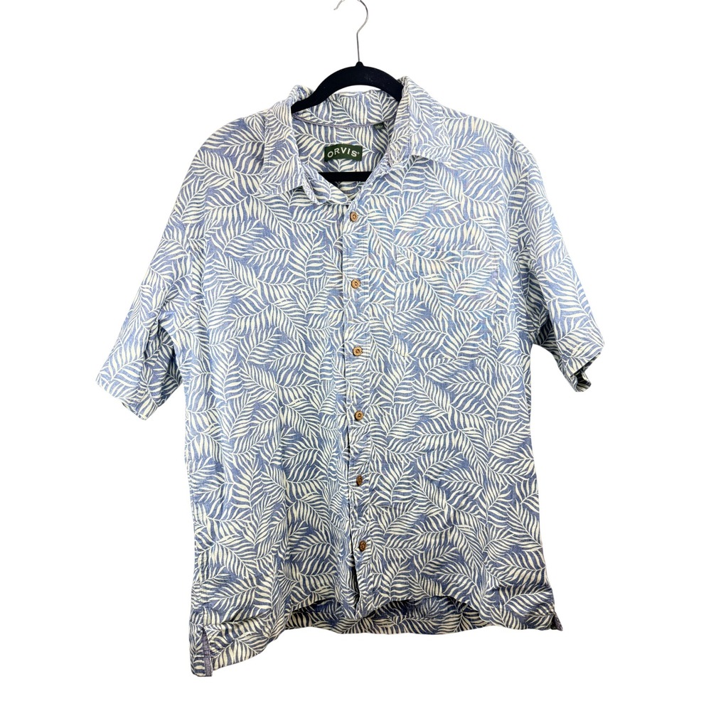 Orvis Men's Palm Leaf Short Sleeve Shirt Blue White Sz‎ L Beach Vacation Cotton